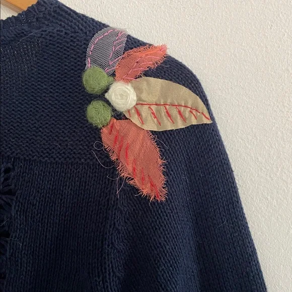 Anthropologie Mona Mabel navy cardigan with mixed media floral appliqués - Picture 11 of 16
